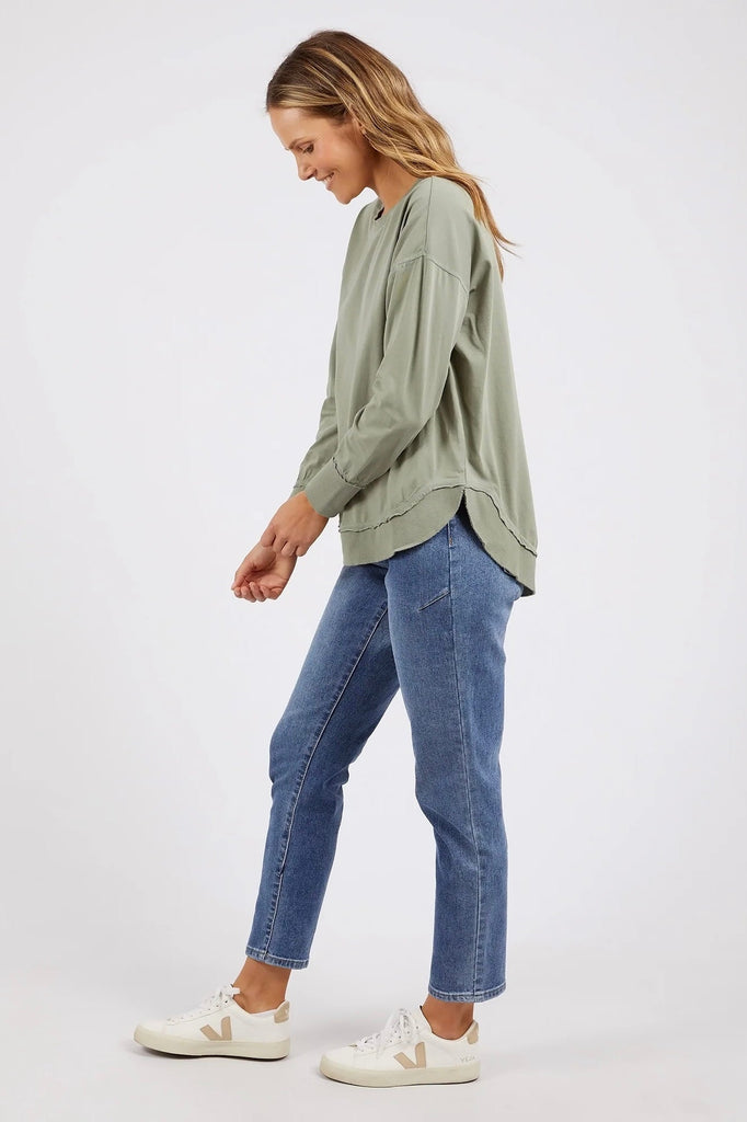 Farrah Long Sleeve - Sage Green-Foxwood-A new crew to the Foxwood range the Farrah Long Sleeve in 100% Fresh Pima Cotton features a classic crew neckline and raw edge detail. This relaxed fit jumper is an easy everyday wear. Round neckline Raw edge detail Relaxed fit Pima Cotton Jersey Our model wears size 8-Pash + Evolve