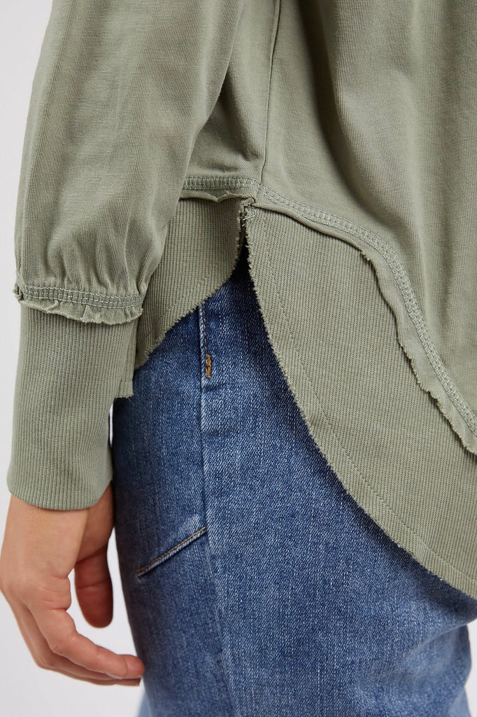 Farrah Long Sleeve - Sage Green-Foxwood-A new crew to the Foxwood range the Farrah Long Sleeve in 100% Fresh Pima Cotton features a classic crew neckline and raw edge detail. This relaxed fit jumper is an easy everyday wear. Round neckline Raw edge detail Relaxed fit Pima Cotton Jersey Our model wears size 8-Pash + Evolve