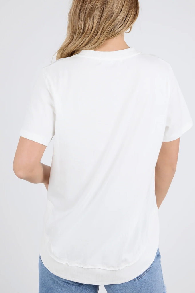 Farrah Short Sleeve Tee - White-Foxwood-A new t-shirt to the Foxwood range based on our best selling Farrah Long Sleeve Tee. This 100% Fresh Pima Cotton tee features a classic crew neckline and raw edge detail and is a wonderful everyday stylish option for your casual wardrobe. Round neckline Raw edge detail Relaxed fit Pima Cotton Jersey Model is wearing a Size 10-Pash + Evolve