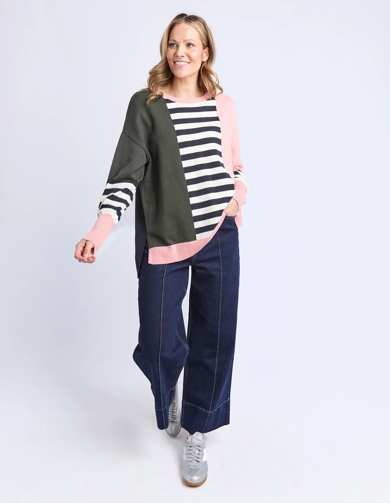 Freja knit - navy block stripe-Elm-*Long sleeve *Block stripe *Round neck *Hi-Low hemline *Relaxed fit *Viscose,Nylon,Polyester, Wool blend-Pash + Evolve