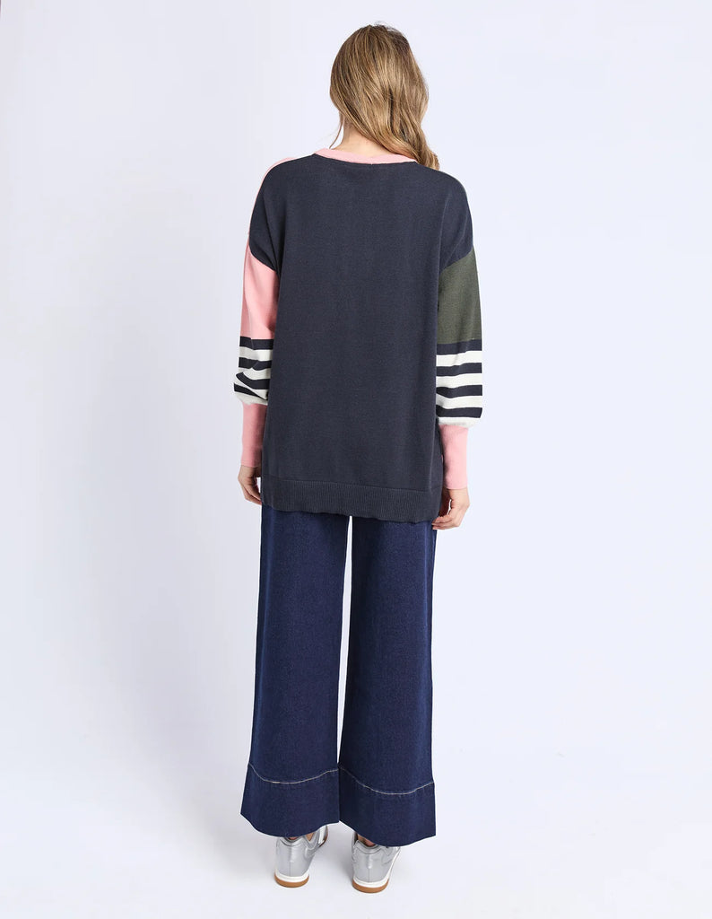 Freja knit - navy block stripe-Elm-*Long sleeve *Block stripe *Round neck *Hi-Low hemline *Relaxed fit *Viscose,Nylon,Polyester, Wool blend-Pash + Evolve