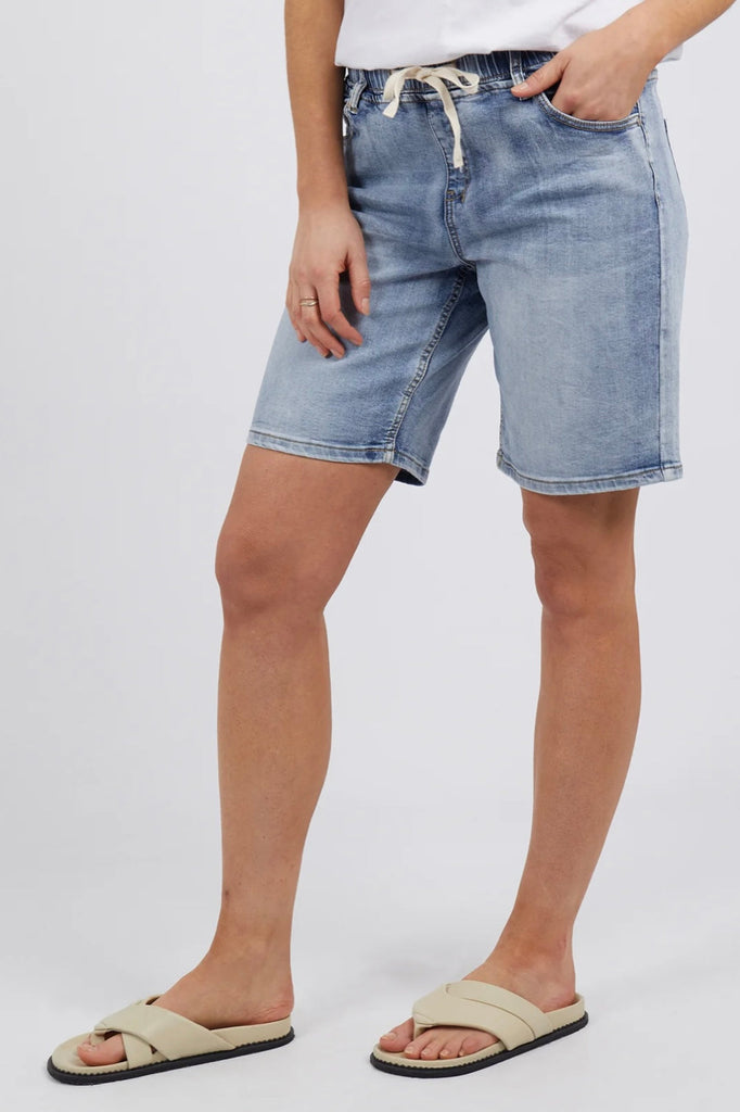 Gabby Bermuda Short - Mid Blue-Foxwood-Super flattering and offering next level comfort, the Gabby Bermuda length shorts feature a elasticated waist with drawstring and a mid rise for tummy hugging comfort. These high-stretch denim shorts have a relaxed leg and you'll want to live in them, we promise! COTTON/POLYESTER & ELASTANE Model wears Size 10 and is 178cm tall-Pash + Evolve