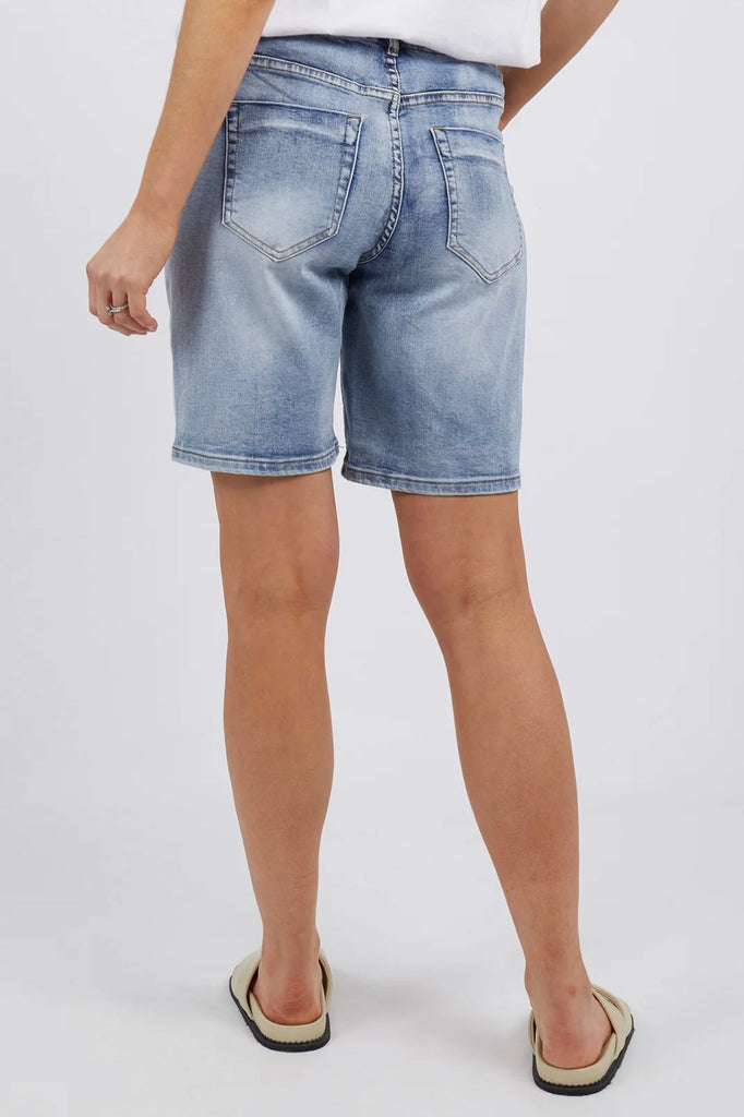 Gabby Bermuda Short - Mid Blue-Foxwood-Super flattering and offering next level comfort, the Gabby Bermuda length shorts feature a elasticated waist with drawstring and a mid rise for tummy hugging comfort. These high-stretch denim shorts have a relaxed leg and you'll want to live in them, we promise! COTTON/POLYESTER & ELASTANE Model wears Size 10 and is 178cm tall-Pash + Evolve