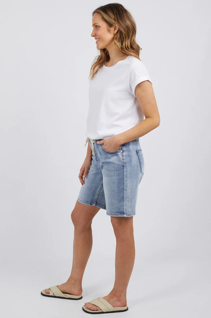 Gabby Bermuda Short - Mid Blue-Foxwood-Super flattering and offering next level comfort, the Gabby Bermuda length shorts feature a elasticated waist with drawstring and a mid rise for tummy hugging comfort. These high-stretch denim shorts have a relaxed leg and you'll want to live in them, we promise! COTTON/POLYESTER & ELASTANE Model wears Size 10 and is 178cm tall-Pash + Evolve