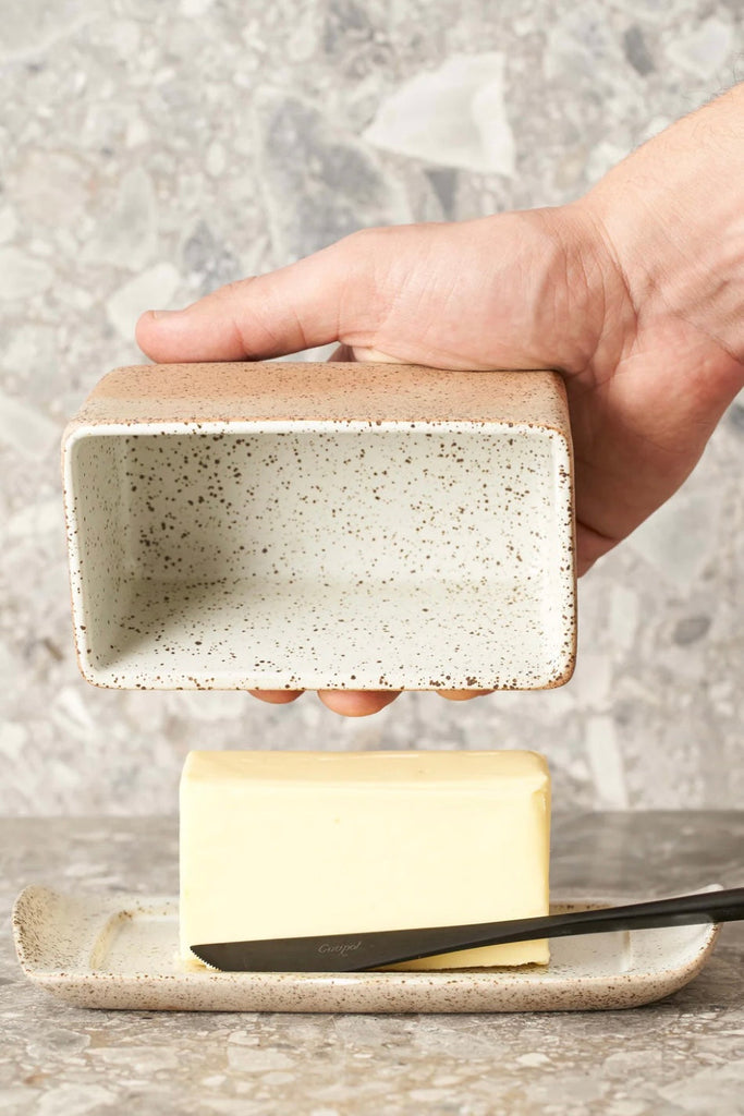 Garden to Table Butter Dish-Robert gordon-Introducing Garden to Table. For those who grow their own veggies, collect eggs from the backyard chook shed or tend to their garden, this is the perfect collection for you! Comes gift boxed. A NOTE FOR OUR CUSTOMERS: Garden To Table is a hand crafted range, using a high fired stoneware with iron flecks. At times, the iron flecks may appear to bleed in the clay body, creating unique patches of red or orange. This is a natural occurrence, when the iron meets with hig