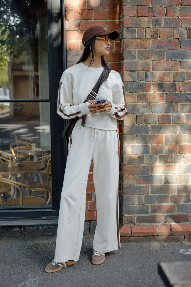 Gigi Wide Leg Terry Trackpant - Buff chocolate side stripe-Ceres Life-Organic terry cotton Regular fit Wide leg Side pockets Decorative side stripe for a sporty vibe Hang garment to dry after washing and hot iron side trim at seams if required 100% Cotton-Pash + Evolve