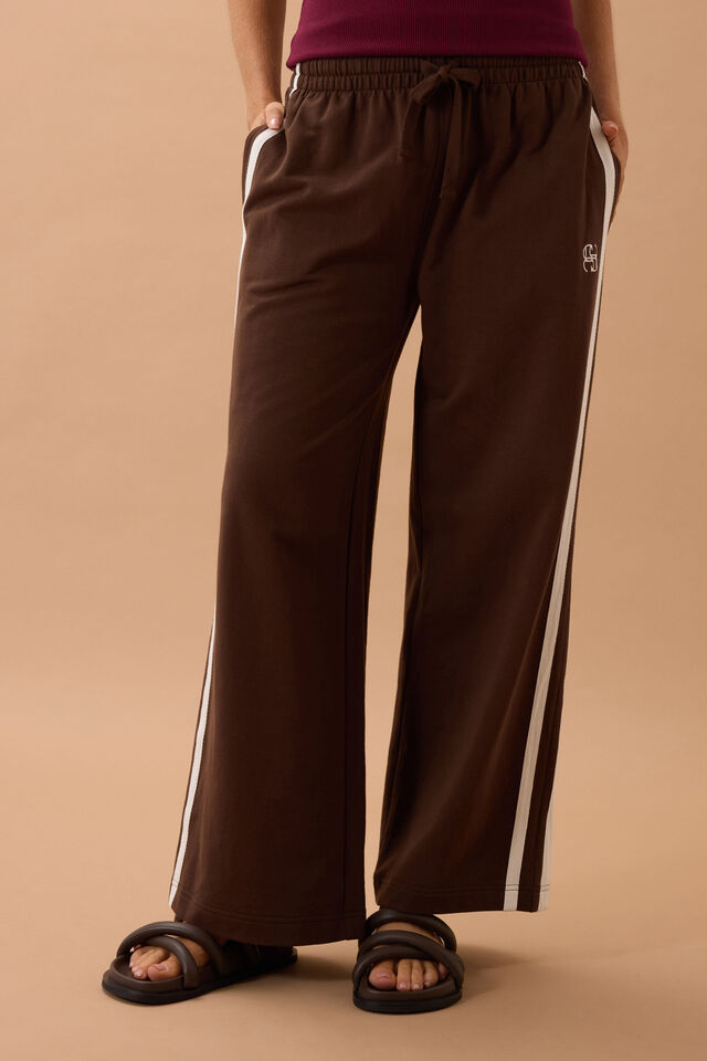 Gigi Wide Leg Terry Trackpant - Chocolate-Ceres Life-Organic terry cotton Regular fit Wide leg Side pockets Decorative side stripe for a sporty vibe Hang garment to dry after washing and hot iron side trim at seams if required 100% Cotton-Pash + Evolve