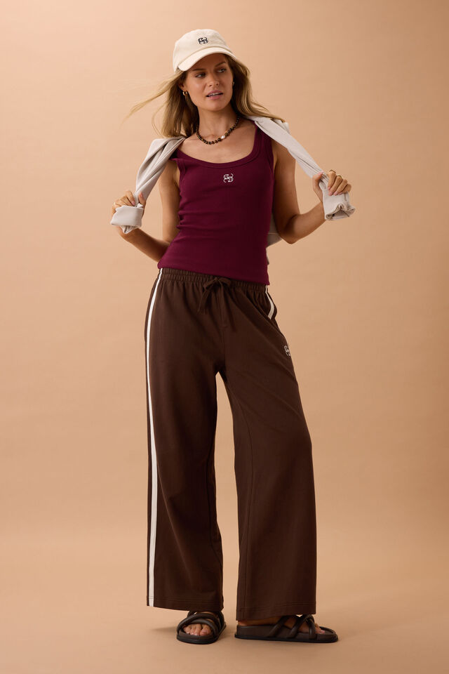 Gigi Wide Leg Terry Trackpant - Chocolate-Ceres Life-Organic terry cotton Regular fit Wide leg Side pockets Decorative side stripe for a sporty vibe Hang garment to dry after washing and hot iron side trim at seams if required 100% Cotton-Pash + Evolve