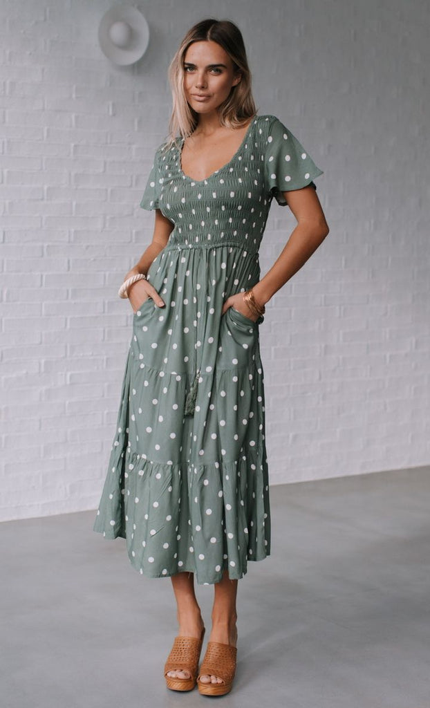 Gigi midi dress - khaki-Pash + Evolve-*Midi dress *V neck *Shirring on top *Tie waist *Short sleeve *Khaki/white-Pash + Evolve