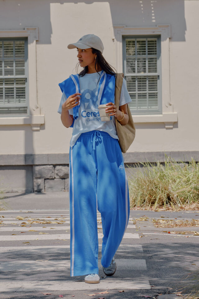 Gigi wide leg terry trackpant - marine blue side stripe-Ceres Life-Organic terry cotton Regular fit Wide leg Side pockets Decorative side stripe for a sporty vibe Hang garment to dry after washing and hot iron side trim at seams if required 100% Cotton-Pash + Evolve