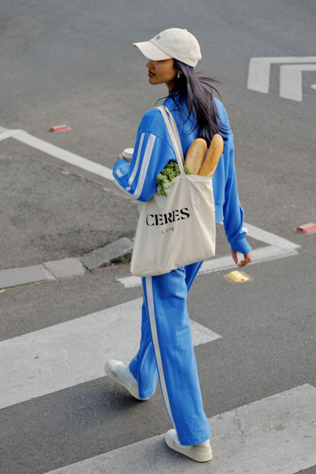 Gigi wide leg terry trackpant - marine blue side stripe-Ceres Life-Organic terry cotton Regular fit Wide leg Side pockets Decorative side stripe for a sporty vibe Hang garment to dry after washing and hot iron side trim at seams if required 100% Cotton-Pash + Evolve