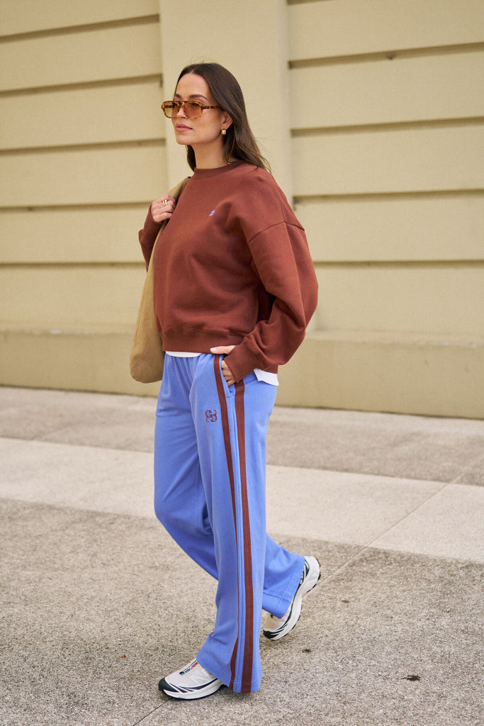 Gigi wide leg trackpant - vintage blue mixed side stripe-Ceres Life-Organic terry cotton Regular fit Wide leg Side pockets Decorative side stripe for a sporty vibe Hang garment to dry after washing and hot iron side trim at seams if required 100% Cotton-Pash + Evolve