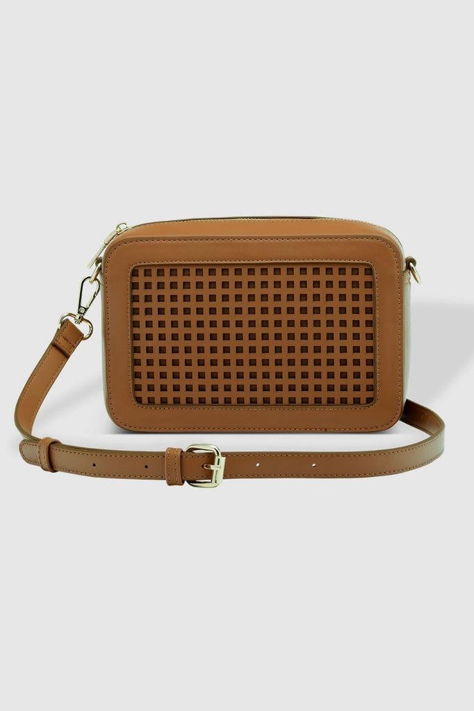 Giselle Crossbody Bag - Tan-Louenhide-The Louenhide Giselle Tan Crossbody Bag is designed to elevate your everyday style, with its classic camera bag shape and subtle yet impactful features. Add a touch of textural intrigue to your look with the square lattice inspired panel detailing, transforming a classic silhouette into a style statement, ideal for any occasion. Redefine your look with this everyday women’s crossbody bag that effortlessly blends practicality with sophistication. Internal Features Zip Po