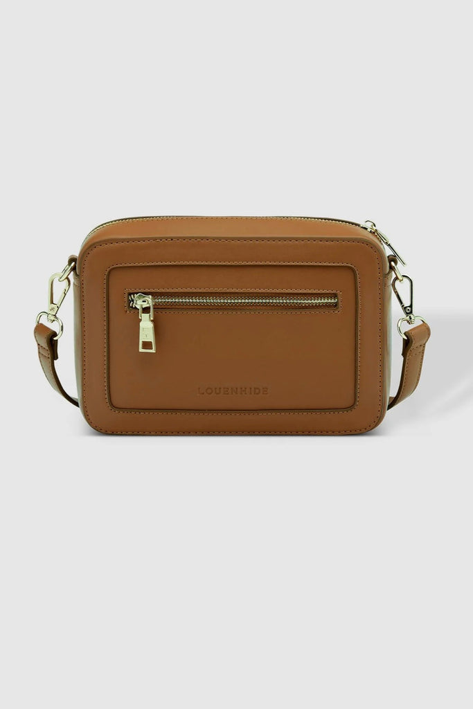 Giselle Crossbody Bag - Tan-Louenhide-The Louenhide Giselle Tan Crossbody Bag is designed to elevate your everyday style, with its classic camera bag shape and subtle yet impactful features. Add a touch of textural intrigue to your look with the square lattice inspired panel detailing, transforming a classic silhouette into a style statement, ideal for any occasion. Redefine your look with this everyday women’s crossbody bag that effortlessly blends practicality with sophistication. Internal Features Zip Po