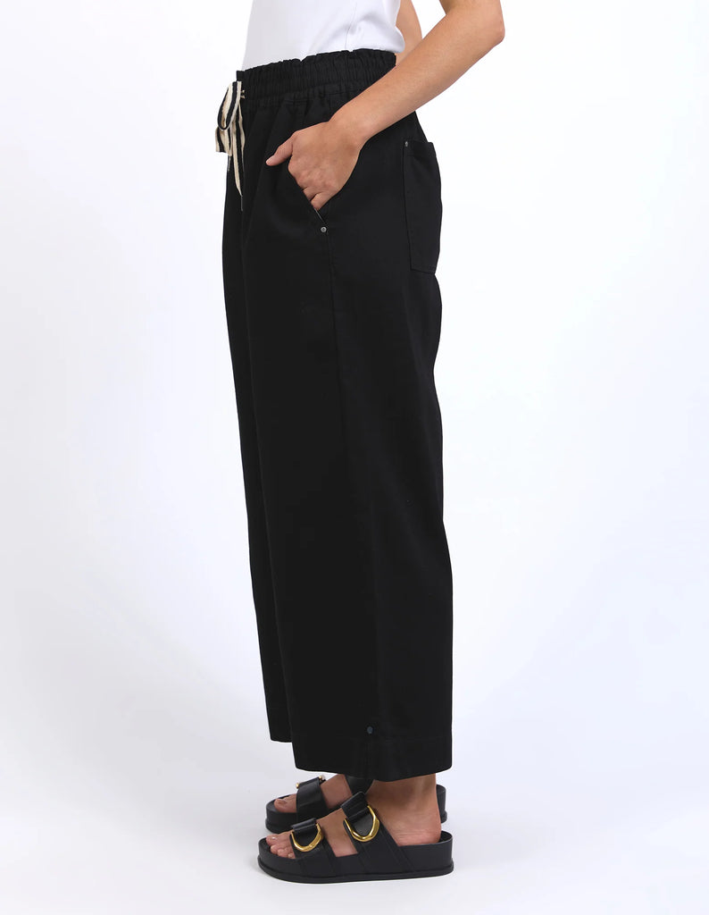 Greta Wide Leg Pant - Black-Pash + Evolve-The ultimate in comfort, the Greta Wide Leg Pant in a mid-weight rigid denim are so easy to wear and will work with everything in your wardrobe. Featuring a drawstring waist for extra comfort, you'll be reaching for these pants everyday. Elastic waist Wide leg Recycled denim Rigid denim-Pash + Evolve