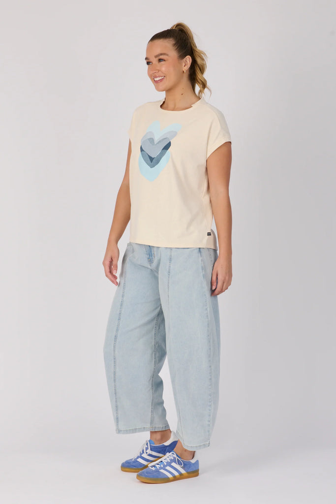 Half Collar Tee - Ecru Falling Hearts-One Ten Willow-The Half Collar Tee in Ecru Falling Hearts is crafted from a soft cotton blend for easy everyday wear. Featuring a relaxed fit with a round neckline, short sleeves, and a half-collar detail for a modern touch, this tee combines casual comfort with subtle style. Fabric: 80% COTTON, 15% POLYESTER, 5% ELASTANE – soft with a gentle stretch Fit: Relaxed fit. Our model is 176cm tall (size 8–10) and wears a size small. Designed in Geelong, Victoria-Pash + Evolve