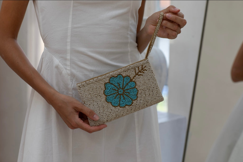 Harper beaded clutch-Pash + Evolve-*Glass beads *Wrist strap *Fully Lined inside *20x12cm-Pash + Evolve