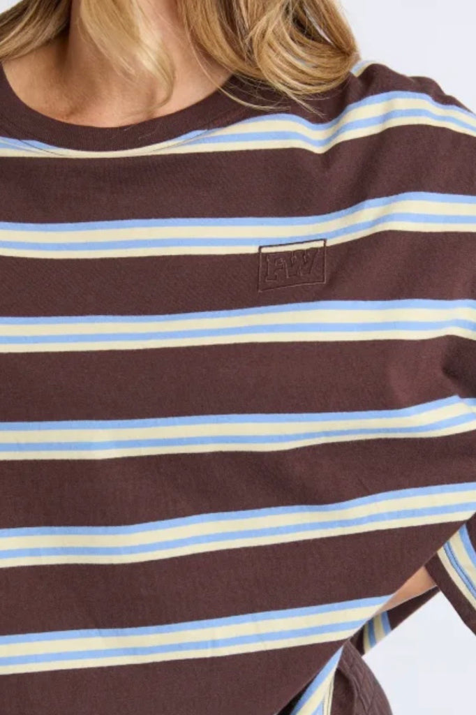 Harper long sleeve - coffee stripe-Foxwood-A little retro, a little sporty. The Harper Stripe Long Sleeve Tee brings easy energy with its yarn-dyed stripes and relaxed drape, finished with subtle chest embroidery for that signature touch. Soft, breathable cotton keeps it comfy from slow mornings to on-the-go afternoons. Just add your favourite denim or trackies and you're set. *Relaxed fit *Embroidery on chest *100% Cotton *Designed in Australia-Pash + Evolve