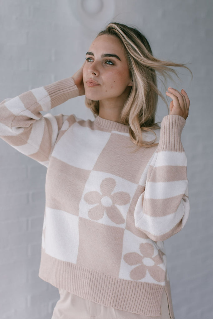 Hazel knit - latte/white-Pash + Evolve-*Round neck *Daisy print *Long sleeve *Super soft & comfy *Latte/white *65% Acrylic, 35% Wool-Pash + Evolve