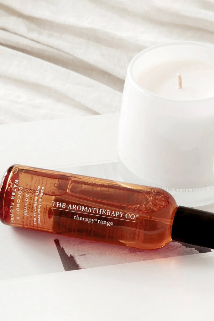 Home and Linen spray - Coconut & Waterflower-Aromatherapy co-Room Sprays-Unwind - Coconut & Waterflower Refresh and unwind with this aroma of patchouli, coconut, almond, vanilla and musk. Size: 100ml Ingredients: Water, Caprylyl/Capryl Glucoside, Fragrance blend including essential oils, Benzyl Alcohol, Dehydroacetic Acid, Citric Acid. Directions for use: Shake gently before each use. Spray liberally into the air or directly onto bed linen. Refresh yoga mats, wardrobes, luggage & washable fabrics while iron