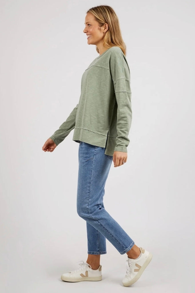 Jayne Throw On Top - Sage-Foxwood-The Jayne Throw on Top is the perfect lightweight long sleeve to take you through the seasons. Cut from a comfy, cotton slub jersey this women's top features a crew neck, trendy exposed stitching and side split hi-low hem. Seriously versatile we know you'll be wearing this on repeat. 100% COTTON JERSEY Designed in Australia-Pash + Evolve