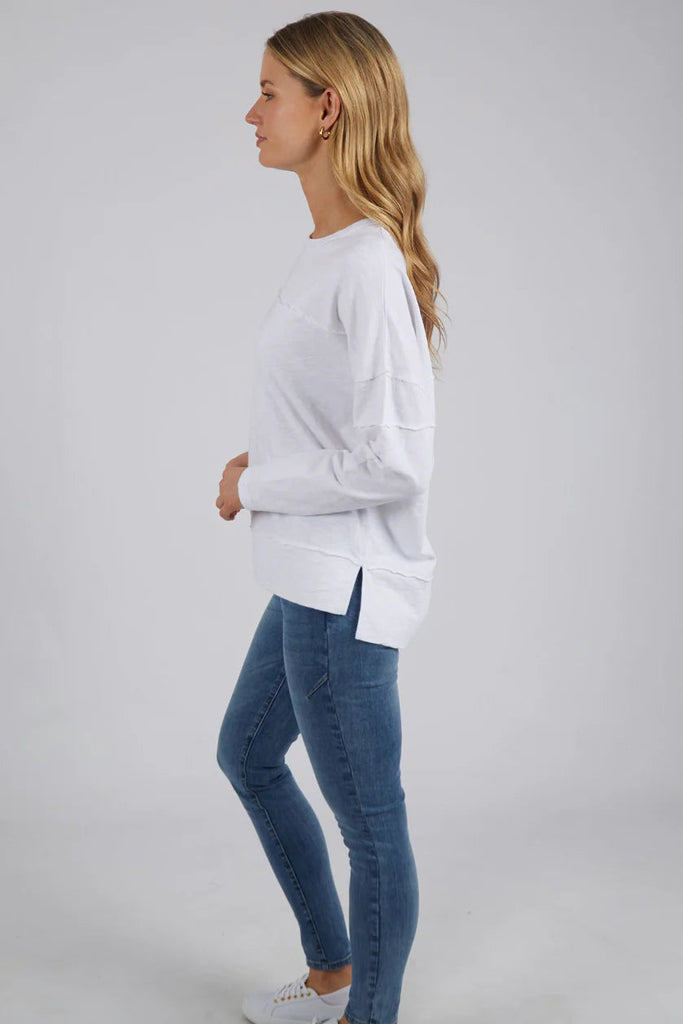 Jayne throw on top - white-Foxwood-The Jayne Throw on Top is the perfect lightweight long sleeve to take you through the seasons. Cut from a comfy, cotton slub jersey this women's top features a crew neck, trendy exposed stitching and side split hi-low hem. Seriously versatile we know you'll be wearing this on repeat. 100% COTTON JERSEY Designed in Australia-Pash + Evolve