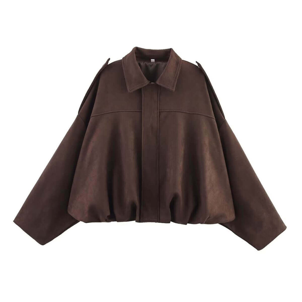 Jordan Bomber - Chocolate suede-Pash + Evolve-*Faux suede *Balloon Sleeve *Collar *Zip down front-Pash + Evolve