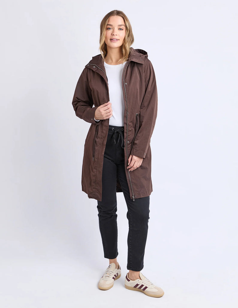 Kingston Spray Jacket - Coffee-Foxwood-Ready for whatever the weather throws your way. The Kingston Spray Jacket combines function with a clean, everyday look, featuring a zip and button front for extra coverage and a hood for those unpredictable moments. The internal waist cord lets you shape it your way, making it as flattering as it is practical. Front button & zip opening Internal adjustable waist cord Hood Main: 60% Nylon 40% Polyester / Lining: 100% Cotton Our model is 176cm and wears Size 10-Pash +