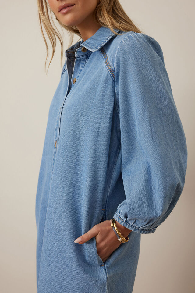 Lenny mini dress - vintage blue-Ceres Life-Made from soft mid weight rigid denim Featuring 41% Lenzing Tencel Gathered sleeve Functional button through front Mini length with relaxed silhouette Yoke with stitch detail-Pash + Evolve