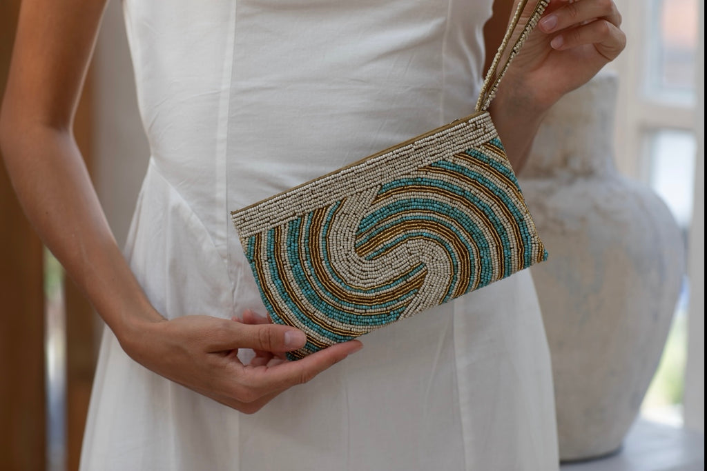 Lilly beaded clutch-Pash + Evolve-*Glass beads *Wrist strap *Fully Lined inside *20x12cm-Pash + Evolve