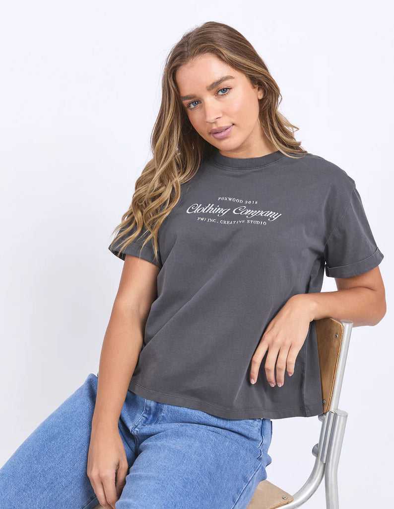 Line Tee - Charcoal-Foxwood-Effortless style with an elevated twist, the Line Tee features exclusive chest embroidery for a touch of detail. Crafted from 100% cotton, this everyday essential offers a relaxed fit, round neckline, and soft, breathable feel-perfect for pairing with your go-to denim or layering under jackets. Foxwood exclusive front chest embroidery Round neckline Relaxed fit 100% Cotton Our model is 176cm and wears Size 10-Pash + Evolve
