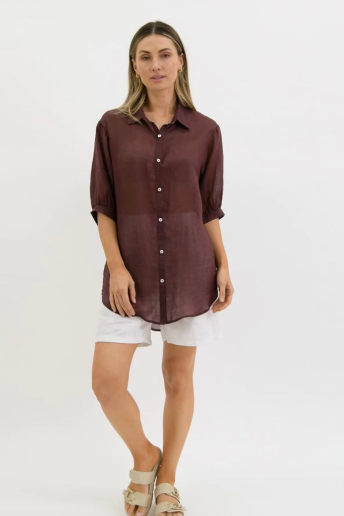 Lise shirt - Chocolate-Pash + Evolve-This top is super easy to wear, and the most flattering fit on. Easily dress her up or down. *Button up front * Hi-low hemline *100% Linen * Side split-Pash + Evolve