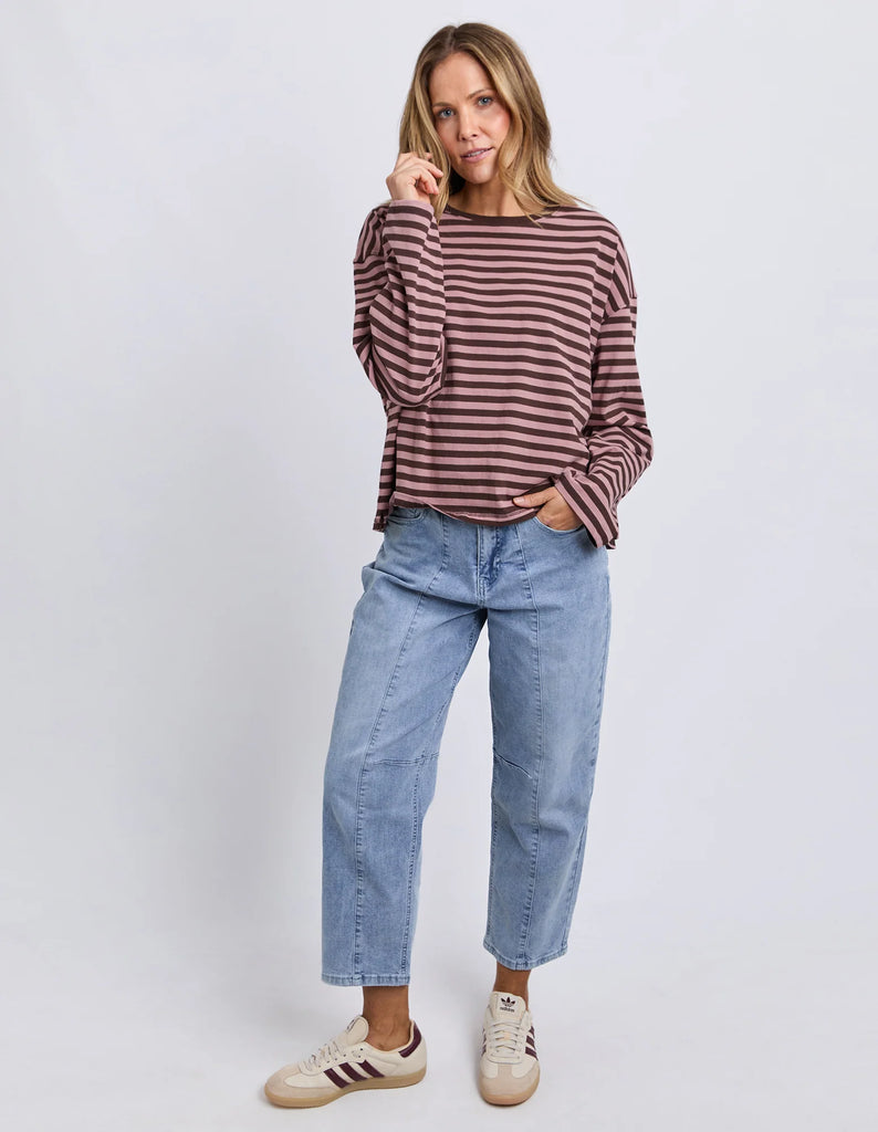 Lola Stripe Long Sleeve - Coffee/Dusty Rose-Foxwood-Meet your new everyday favourite – the Lola Stripe Long Sleeve. Lola is designed for easy, throw-on-and-go styling. Featuring a classic crew neckline, dropped shoulders and a soft drape through the body, this long sleeve tee brings that laid-back Foxwood feel to your everyday wardrobe. Finished with a centre back seam detail for that extra hint of style, it’s the perfect piece to pair with your go-to denim and sneakers. 100% Cotton Yarn dyed stripe Contra