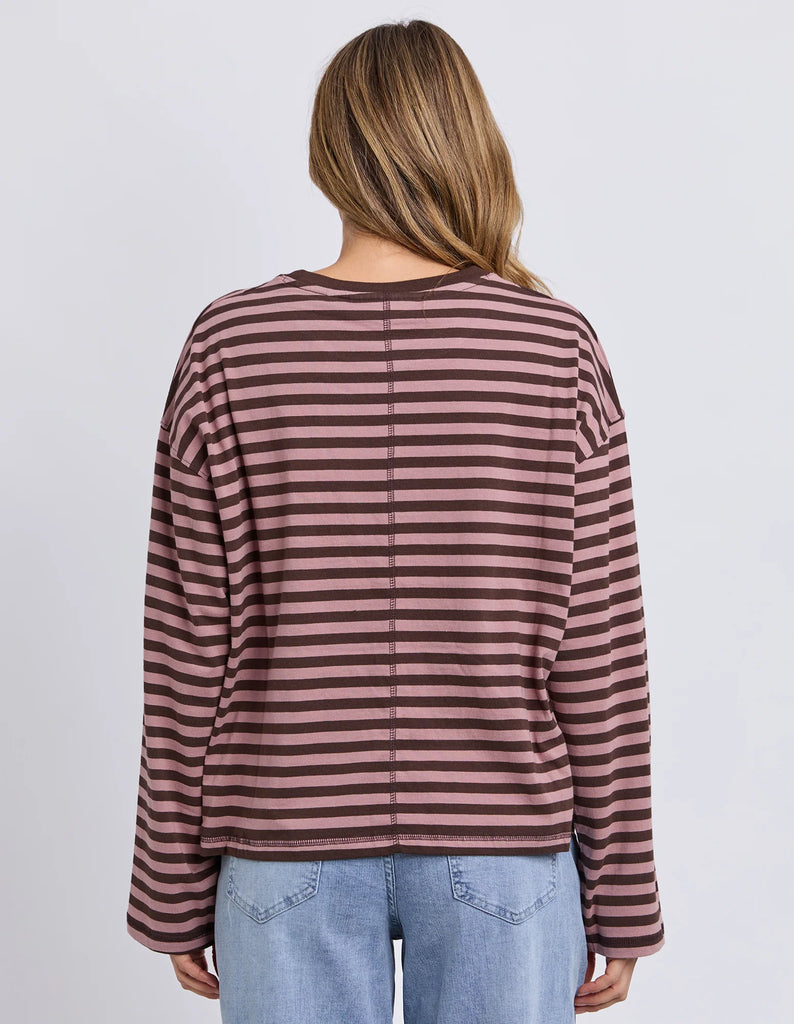 Lola Stripe Long Sleeve - Coffee/Dusty Rose-Foxwood-Meet your new everyday favourite – the Lola Stripe Long Sleeve. Lola is designed for easy, throw-on-and-go styling. Featuring a classic crew neckline, dropped shoulders and a soft drape through the body, this long sleeve tee brings that laid-back Foxwood feel to your everyday wardrobe. Finished with a centre back seam detail for that extra hint of style, it’s the perfect piece to pair with your go-to denim and sneakers. 100% Cotton Yarn dyed stripe Contra
