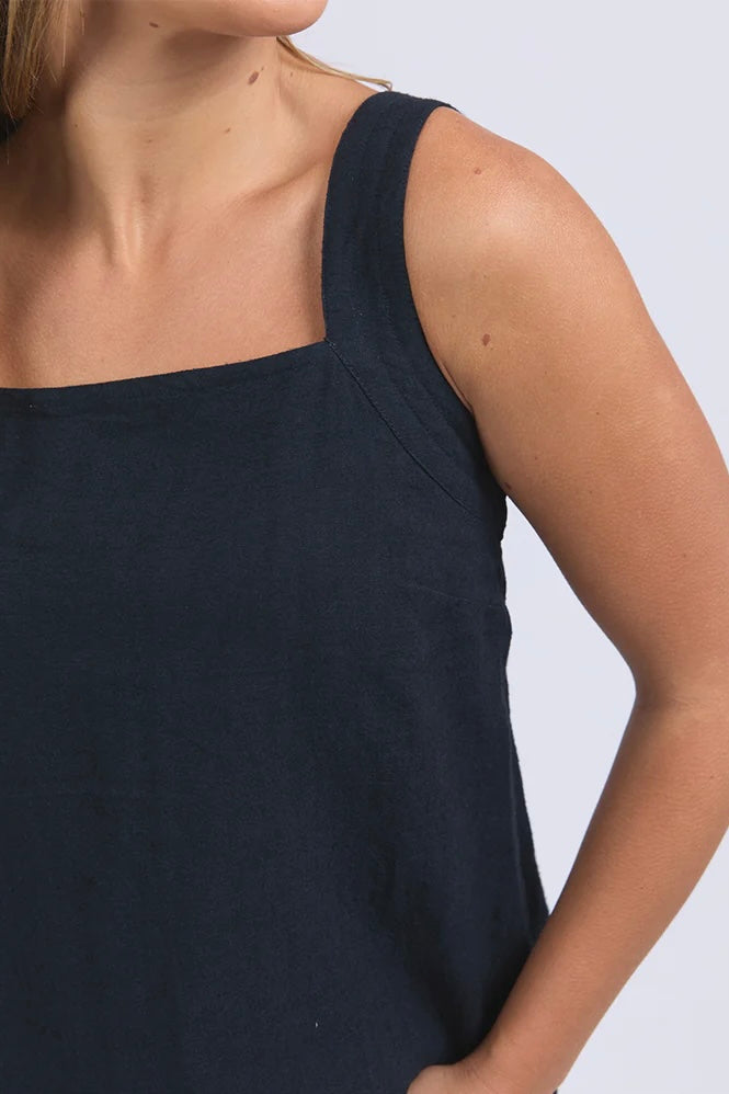 Lourdes top - navy-Foxwood-A little drama in the best way. The Lourdes Top (Foxwood Clothing) features an open back with a layered underlay and sweet back tie detail for an unexpected twist. Made from a breezy linen blend with a relaxed fit, it’s the perfect mix of cool, comfy and just a little bit flirty. Relaxed fit Back tie detail Open back with under layer 55% Linen / 45% Viscose Wide straps-Pash + Evolve