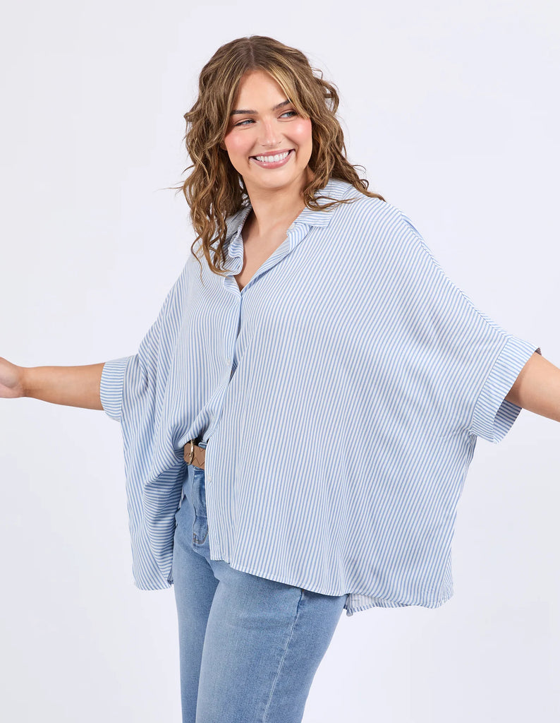 Luna Shirt - Dusk Blue & White Stripe-Elm-The luna shirt features button through, yarn dye stripe, and loose fit. Style it your way for an effortless look that works for any day of the week. Button through Yarn Dye stripe Loose fit Viscos Model is 171cm and wears Size 10-Pash + Evolve