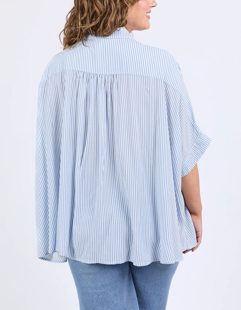 Luna Shirt - Dusk Blue & White Stripe-Elm-The luna shirt features button through, yarn dye stripe, and loose fit. Style it your way for an effortless look that works for any day of the week. Button through Yarn Dye stripe Loose fit Viscos Model is 171cm and wears Size 10-Pash + Evolve