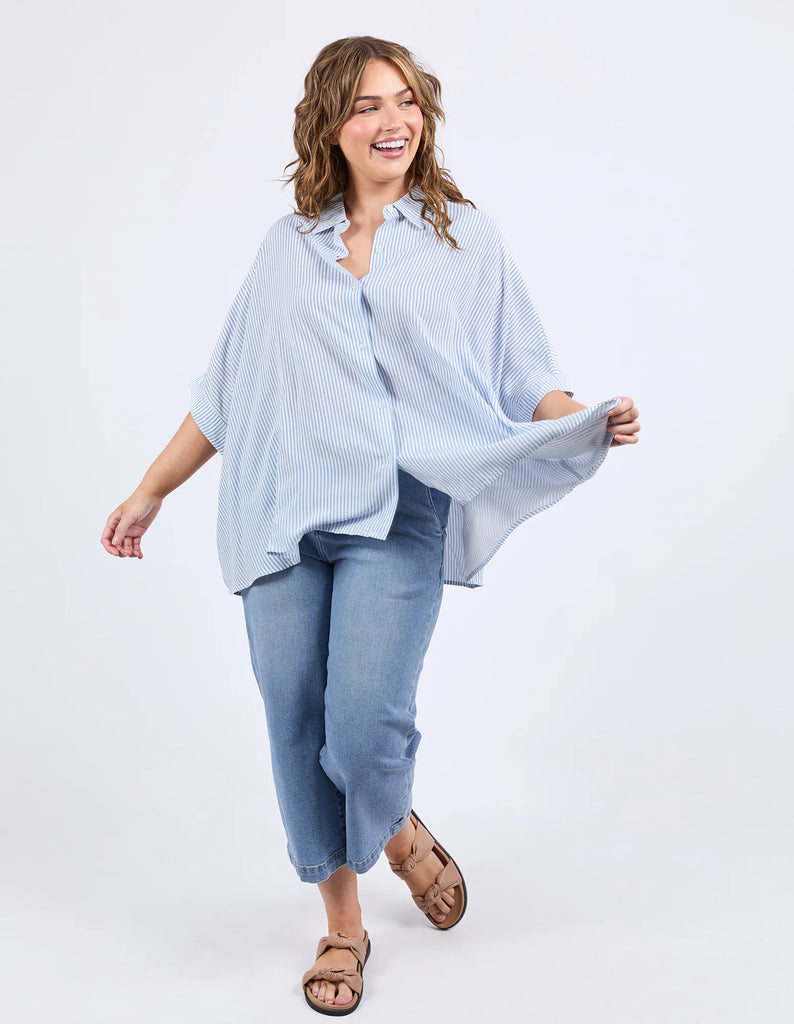 Luna Shirt - Dusk Blue & White Stripe-Elm-The luna shirt features button through, yarn dye stripe, and loose fit. Style it your way for an effortless look that works for any day of the week. Button through Yarn Dye stripe Loose fit Viscos Model is 171cm and wears Size 10-Pash + Evolve