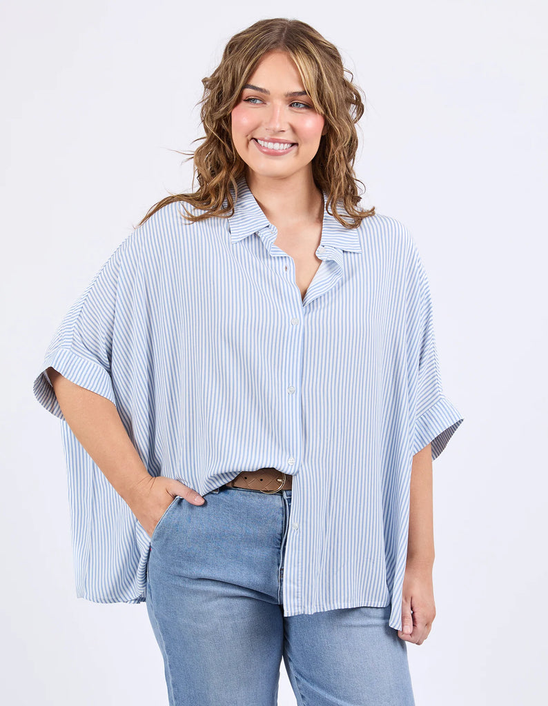 Luna Shirt - Dusk Blue & White Stripe-Elm-The luna shirt features button through, yarn dye stripe, and loose fit. Style it your way for an effortless look that works for any day of the week. Button through Yarn Dye stripe Loose fit Viscos Model is 171cm and wears Size 10-Pash + Evolve
