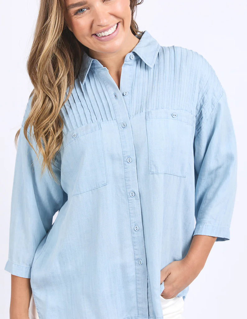 Luna Shirt - Dusk Blue & White Stripe-Elm-The luna shirt features button through, yarn dye stripe, and loose fit. Style it your way for an effortless look that works for any day of the week. Button through Yarn Dye stripe Loose fit Viscos Model is 171cm and wears Size 10-Pash + Evolve