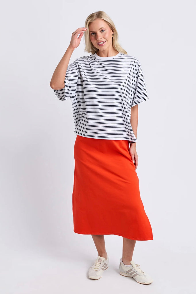 Luna Short Sleeve Tee - White/Navy Stripe-Elm-The Luna Short Sleeve Tee combines timeless yarn-dyed stripes with an effortlessly oversized silhouette. Crafted from premium Australian cotton with batwing sleeves, it's an elevated everyday tee you'll reach for again and again. Yarn dyed stripe Batwing sleeve Australian cotton Oversized fit 100% Australian Cotton Jersey The Model is 173cm and is wearing a size 10-Pash + Evolve