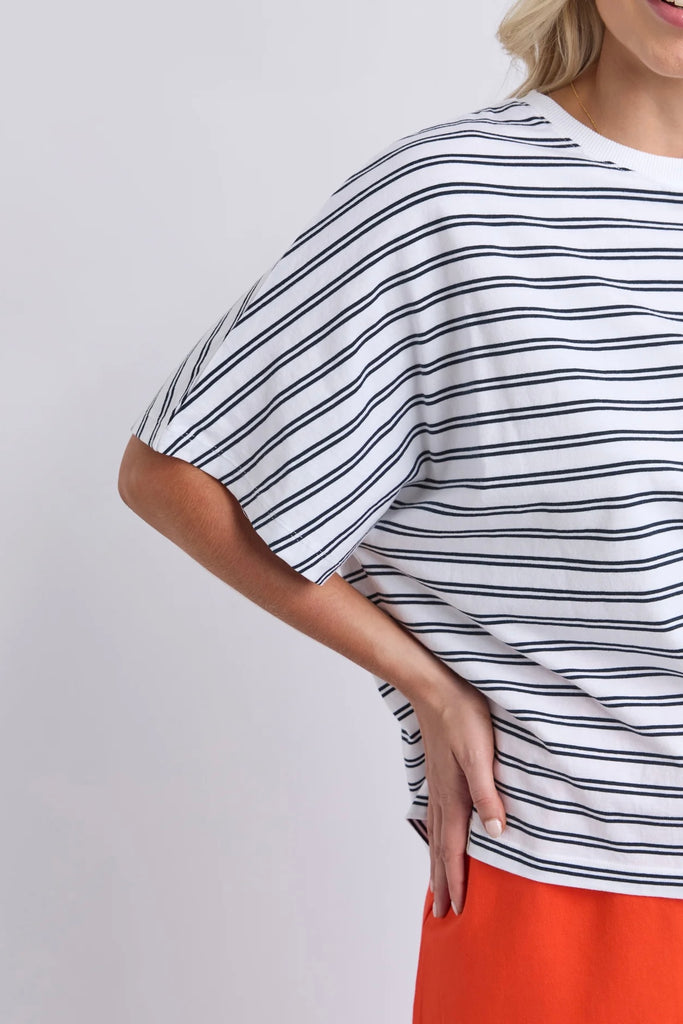 Luna Short Sleeve Tee - White/Navy Stripe-Elm-The Luna Short Sleeve Tee combines timeless yarn-dyed stripes with an effortlessly oversized silhouette. Crafted from premium Australian cotton with batwing sleeves, it's an elevated everyday tee you'll reach for again and again. Yarn dyed stripe Batwing sleeve Australian cotton Oversized fit 100% Australian Cotton Jersey The Model is 173cm and is wearing a size 10-Pash + Evolve