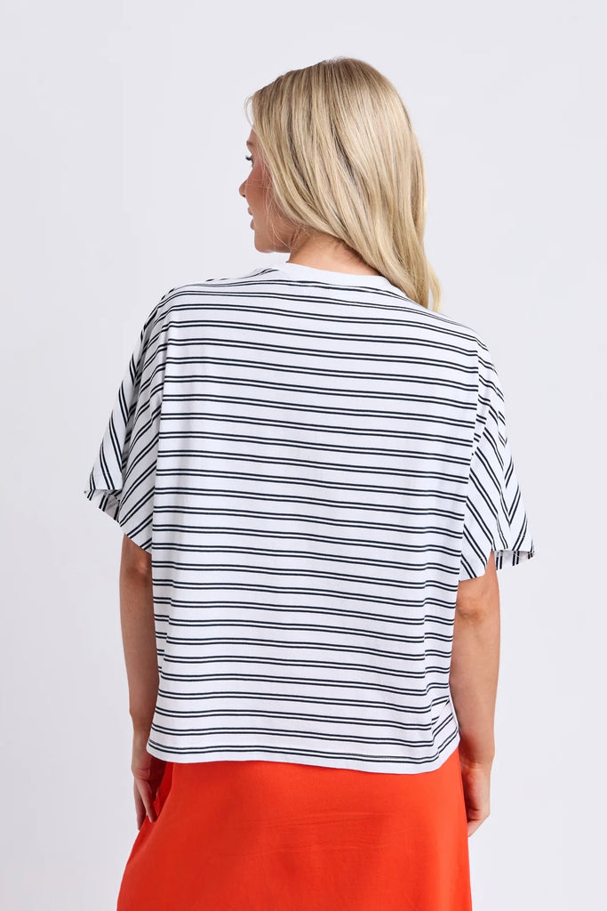 Luna Short Sleeve Tee - White/Navy Stripe-Elm-The Luna Short Sleeve Tee combines timeless yarn-dyed stripes with an effortlessly oversized silhouette. Crafted from premium Australian cotton with batwing sleeves, it's an elevated everyday tee you'll reach for again and again. Yarn dyed stripe Batwing sleeve Australian cotton Oversized fit 100% Australian Cotton Jersey The Model is 173cm and is wearing a size 10-Pash + Evolve