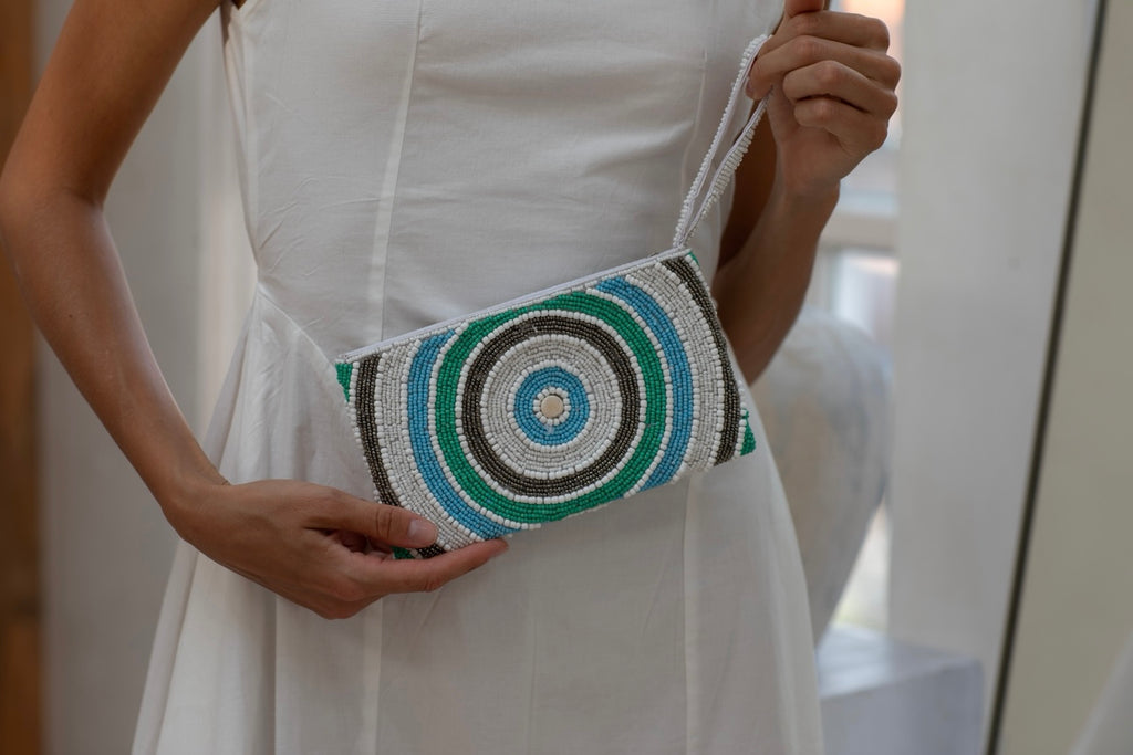 Luna beaded clutch-Pash + Evolve-*Glass beads *Wrist strap *Fully Lined inside *20x12cm-Pash + Evolve