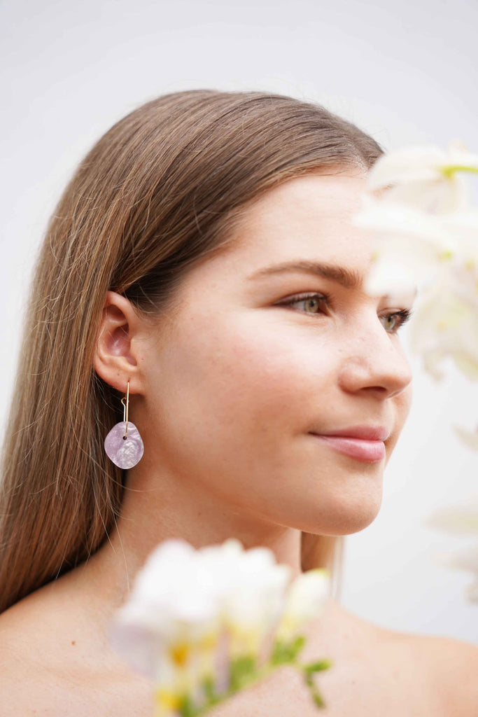 Luna earrings - lilac-Hagen + Co-An organic shape marbled lilac acrylic with slight glimmer, and pretty gold oval hoop*Materials: Acrylic*Nickel Free earring hoops*Light weight and easy to wear.*Hoop: 30mmmmEarring: 20mm x 25mm*Packaged in a gift box-Pash + Evolve