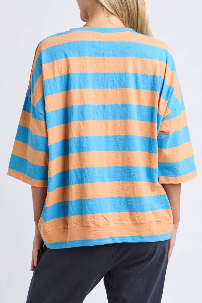 Mazie Block Stripe Sweat - Azure Blue/Peach-Elm-The Mazie Block Stripe Sweat combines the comfort of Elm's favourite sweat with fresh colour-block stripe detailing. Finished with 3/4 sleeves and practical pockets, it's made for everyday comfort. Best Selling Style 3/4 Length Sleeves Waistband & Pockets Relaxed fit 100% Cotton Slub Jersey The Model is 173cm and is wearing a size 10-Pash + Evolve