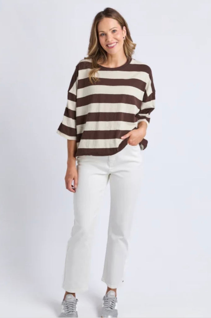 Mazie sweat block stripe - Coffee/marshmallow-Elm-The Mazie Sweat Is The Ideal Blend Of Style And Versatility. This Oversized Fit And ¾ Length Sleeves Allow Plenty Of Room For Movement, And The Gorgeous Lightweight Cotton Fabric Make It Ideal For Layering. Best Selling Style Relaxed fit with 3/4 Length Sleeves Waistband and pockets 100% Cotton-Pash + Evolve