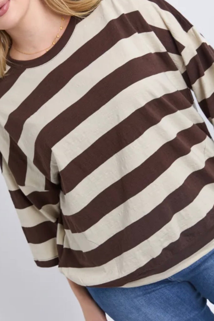 Mazie sweat block stripe - Coffee/marshmallow-Elm-The Mazie Sweat Is The Ideal Blend Of Style And Versatility. This Oversized Fit And ¾ Length Sleeves Allow Plenty Of Room For Movement, And The Gorgeous Lightweight Cotton Fabric Make It Ideal For Layering. Best Selling Style Relaxed fit with 3/4 Length Sleeves Waistband and pockets 100% Cotton-Pash + Evolve