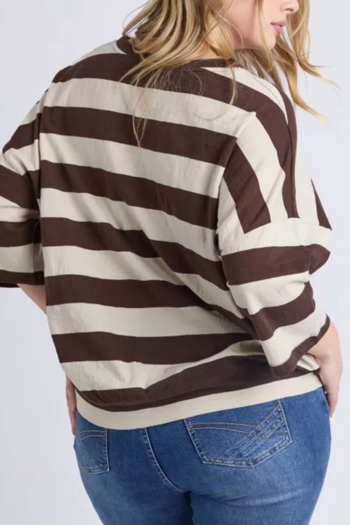Mazie sweat block stripe - Coffee/marshmallow-Elm-The Mazie Sweat Is The Ideal Blend Of Style And Versatility. This Oversized Fit And ¾ Length Sleeves Allow Plenty Of Room For Movement, And The Gorgeous Lightweight Cotton Fabric Make It Ideal For Layering. Best Selling Style Relaxed fit with 3/4 Length Sleeves Waistband and pockets 100% Cotton-Pash + Evolve