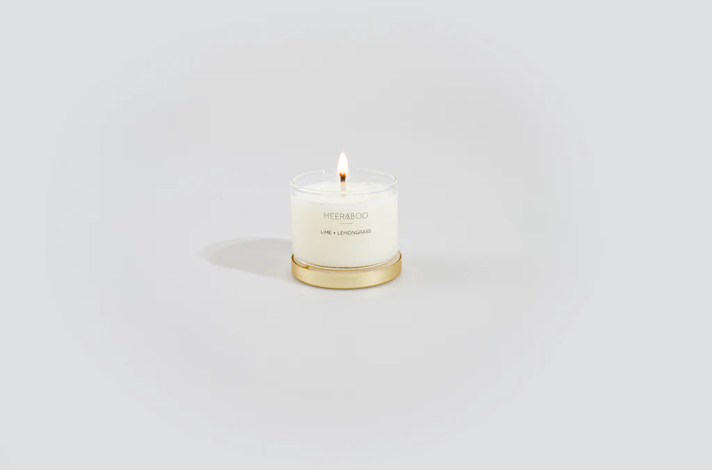 Mini Lime & Lemongrass soy candle-Meeraboo-Mini Gold Lid – 85g | 15-20 hours | single wick | 5cm (h) x 5.5cm (w) Our Mini Golden Girls are the same hand poured, high quality soy candle you know and love Meeraboo for, in a super cute miniature 85g version! They are the cutest little baby sisters to our OG Golden Girls - housed in an identical glass, with a brushed gold lid and seal so they are reusable too!-Pash + Evolve